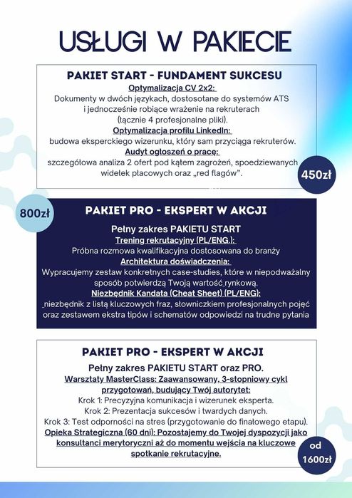 Pisanie CV (PL/ENG/ATS) | LinkedIn | Przygotowanie do rozmowy o pracę