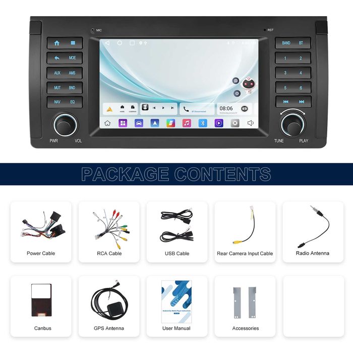 Rádio Android BMW E39 / X5 E53 (CarPlay + Android Auto) 2/64GB GPS Novo