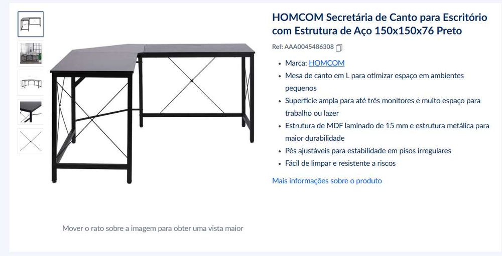 Secretária de Canto para Escritório com Estrutura de Aço 150x150x76 Preto
