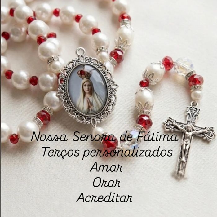 Terço Artesanal  e  Personalizado Nossa  Senhora de Fatima.  Pedras naturais, pérolas e  sintéticas