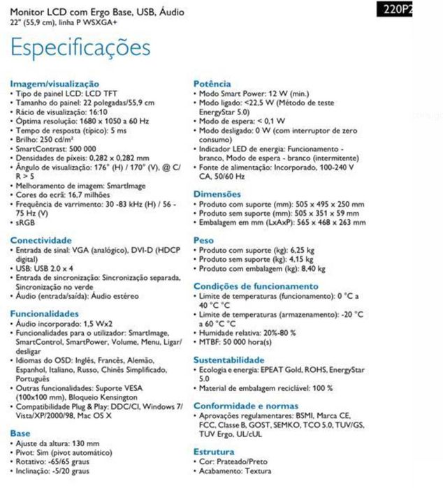 Excelente Monitor 22 polegadas da Philips como NOVO