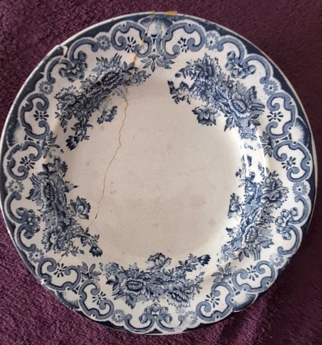 2 pratos fundos antigos Fábrica d'Alcantara fiança fina decoração azul