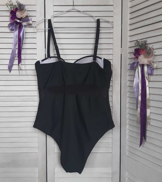 Стильный батал черный купальник сдельный, цельный с пуш ап shein