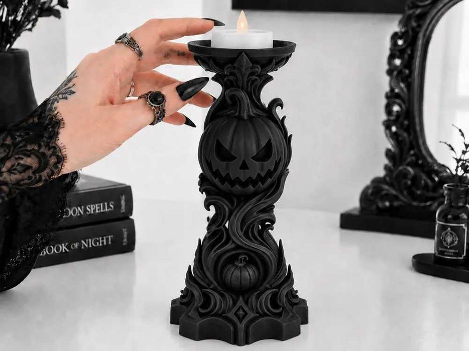 Porta-Vela de Halloween com Abóbora | Castiçal Gótico | Decoração Halloween | Jack O’Lantern Decorativo