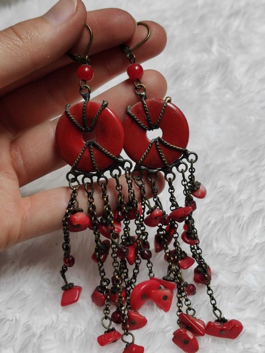 Kolczyki wiszące miedziane, czerwone