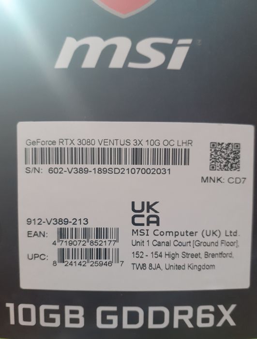 Nova GPU Placa Gráfica MSI GeForce RTX 3080 Ventus 3X 10G OC LHR