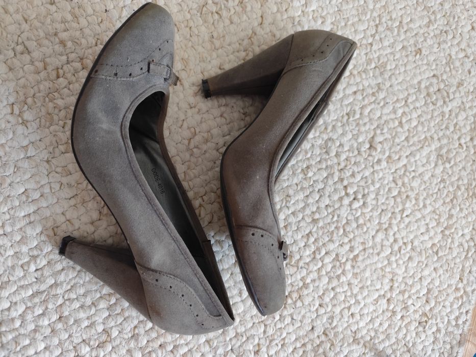 Czółenka pantofle szpilki szare zamszowe impreza firma praca wiosna la