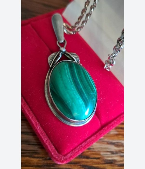 Stary piękny wisior malachit srebro  Prl