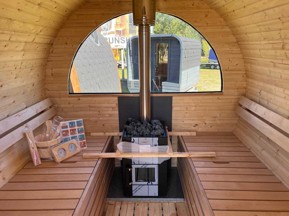 Sauna ogrodowa z piecem opalanym drewnem panorama ławeczka beczka 8 os