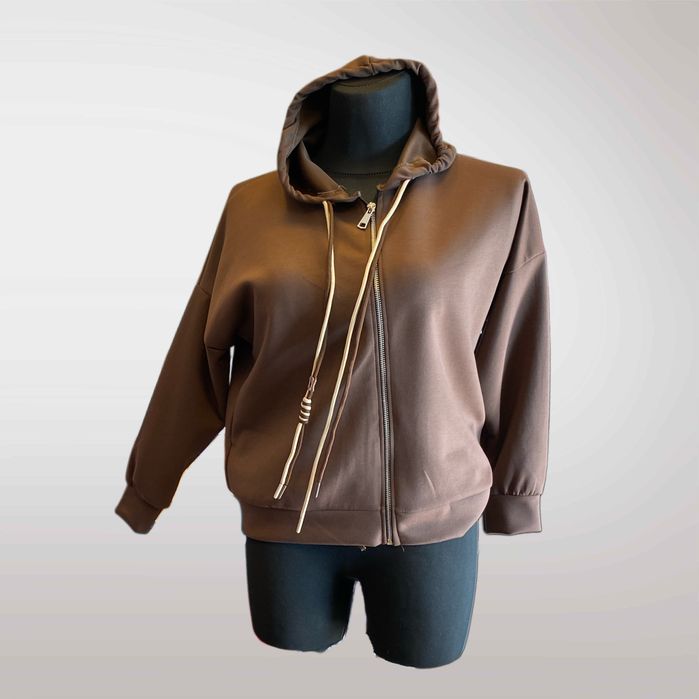 Bluza Damska Z Kapturem Na Suwak Kieszenie Szary