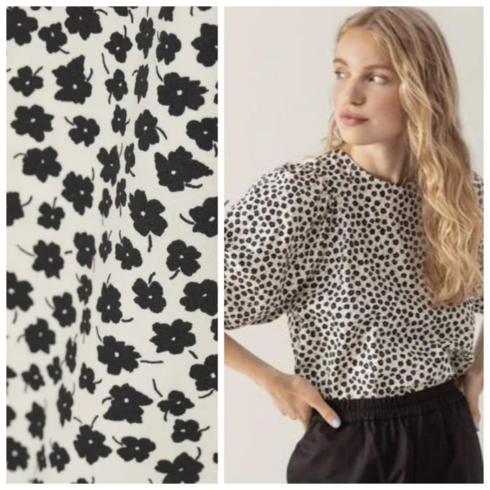 H&M bluzka M-XL z bufiastym rękawem ecru w czarne kwiaty kwiatuszki
