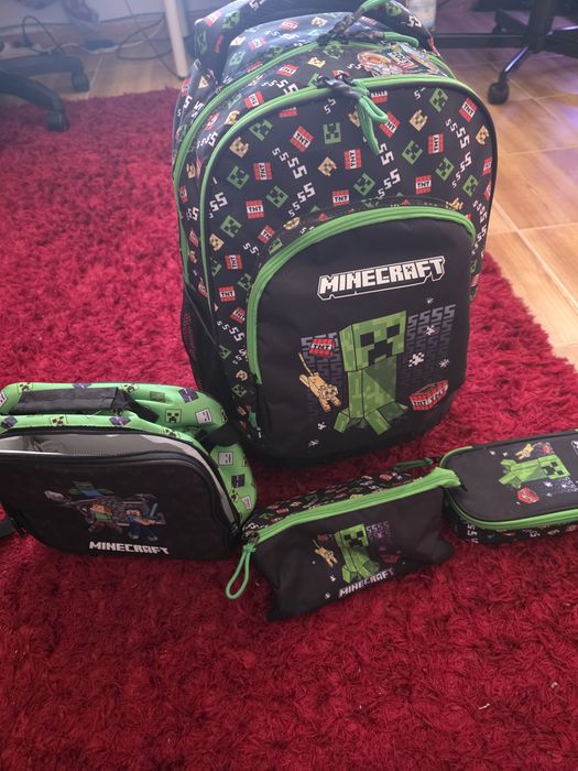 Mochila de Rodinhas Minecraft + Bolsa Térmica de Lanche + 2 Estojos