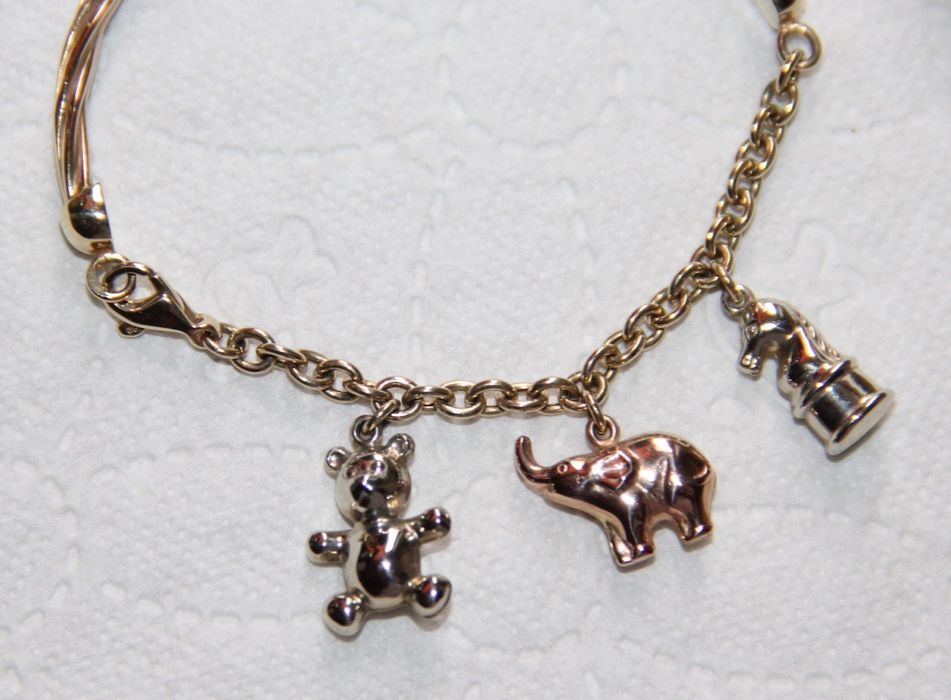 złoto złota bransoletka charms słonik miś 585 kruk bransoleta