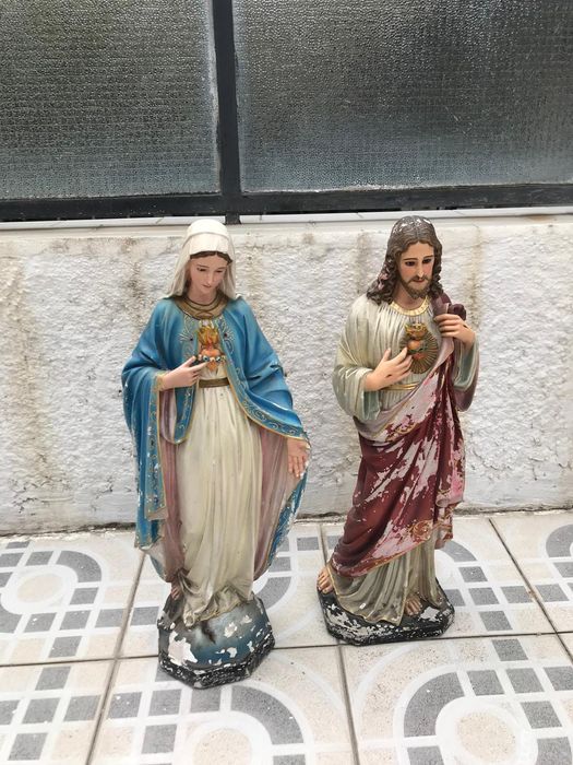 Par de Imagens Sacras Antigas (60-70 cm) Coração de Jesus e Maria