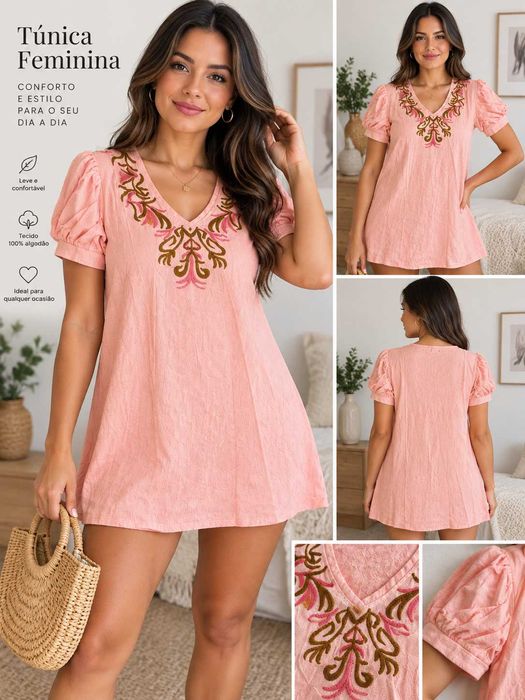 Vestido rosa claro com bordado floral tamanho XL