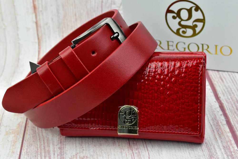 Zestaw pasek + portfel skórzany Gregorio czerwony