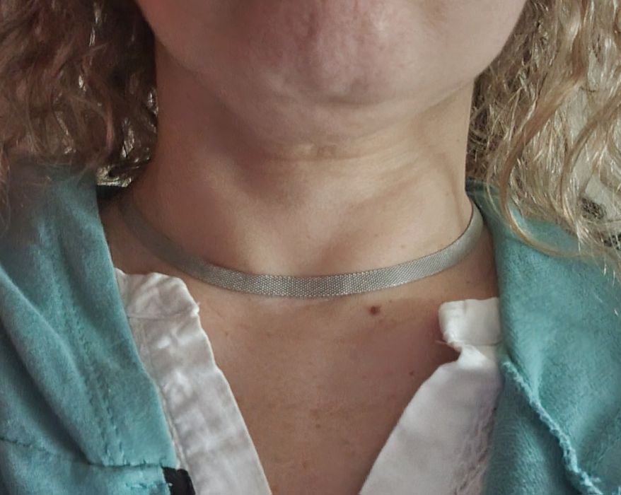 Colar/gargantilha prateada, em aço, com extensor.