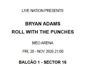 Bilhete para Concerto de Bryan Adams em Lisboa