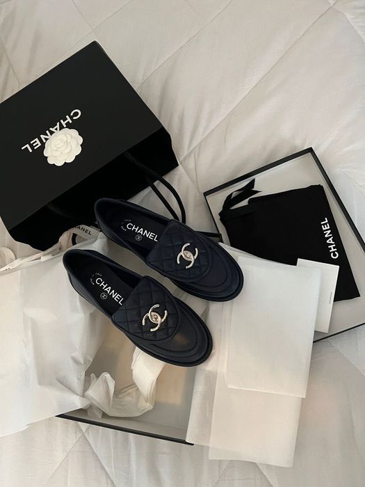 Mokasyny mokasynki damskie CHANEL czarne skórzane damskie półbuty
