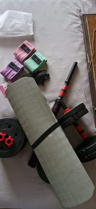 Kit treino em casa: halteres ajustáveis + barra ligação + bandas