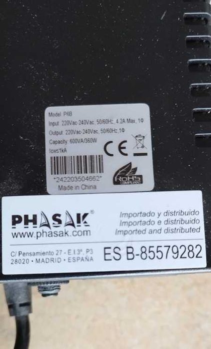 UPS Phasak 850VA Model: P6B 600VA