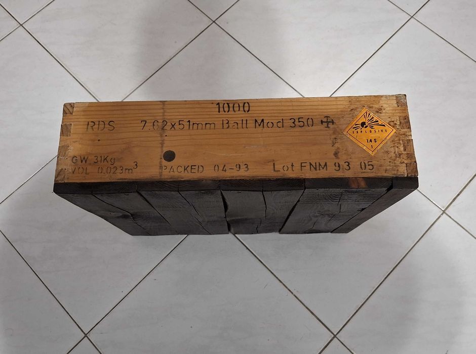 Caixa de munições militares de 7.62mm (G3), VAZIA, decorativa - 1993