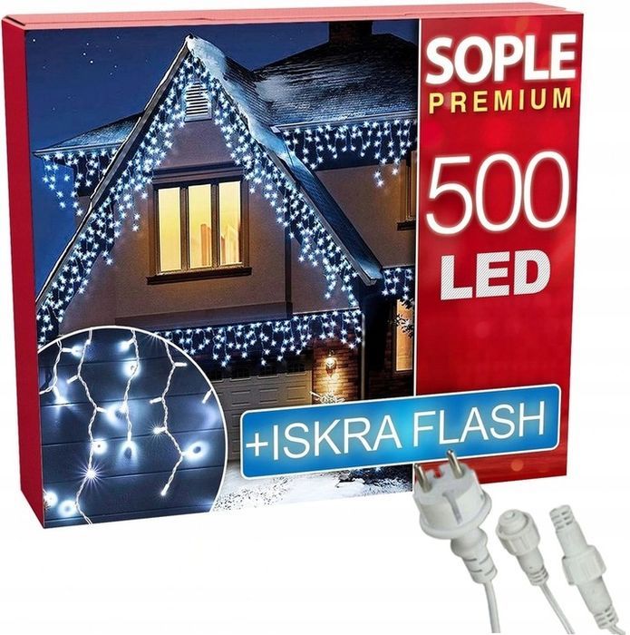 sople flash 500 led zewnętrzne białe zimne lampki +niebieski flash