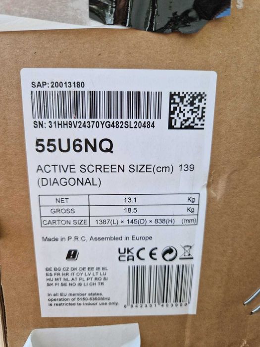 Nowy uszkodzony telewizor Hisense 55 cali 55U6NQ pęknięta matryca