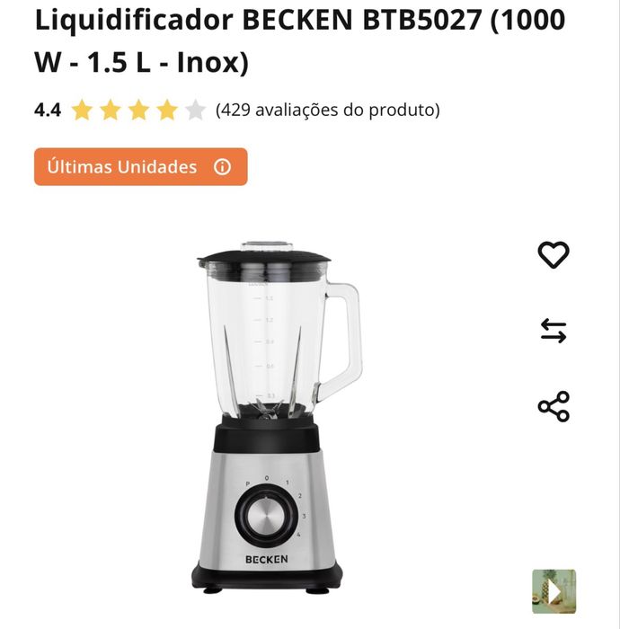 Novo Liquidificador BECKEN BTB5027 (1000 W - 1.5 L - Inox)