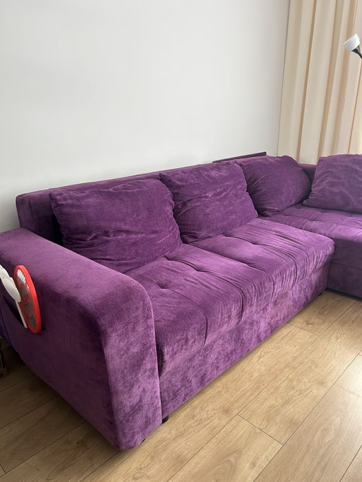 Fioletowy narożnik welur sofa narożna