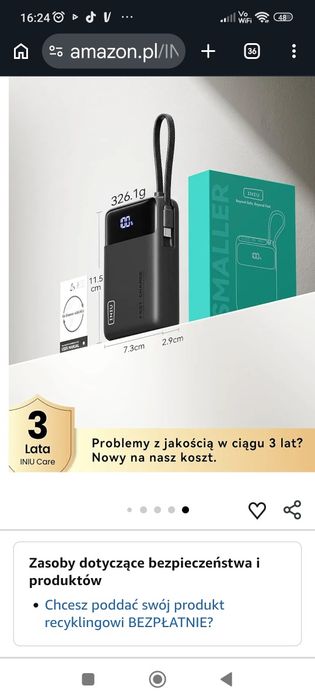 Power bank Iniu 20000mAh szybko ładuje z latarka