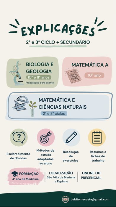 Explicações Matemática A, Biologia e Geologia  e 2.º/3.º Ciclo