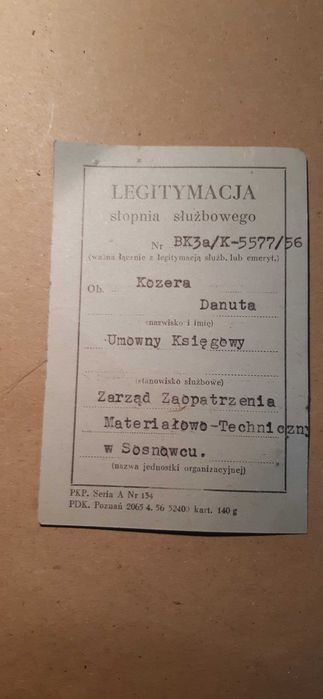 stara legitymacja stopnia służbowego umowny księgowy 1956r
