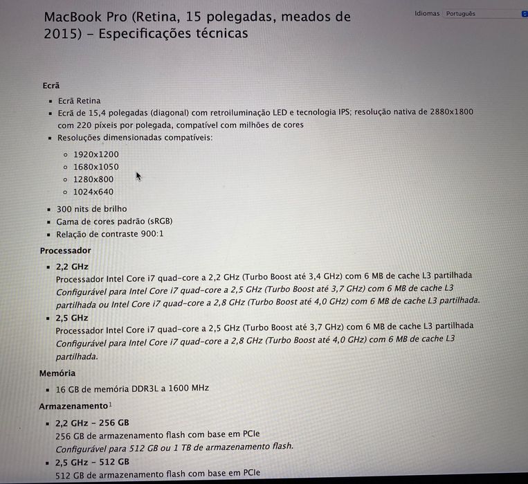 MacBook Pro (Retina, 15 polegadas, i7, 2015)