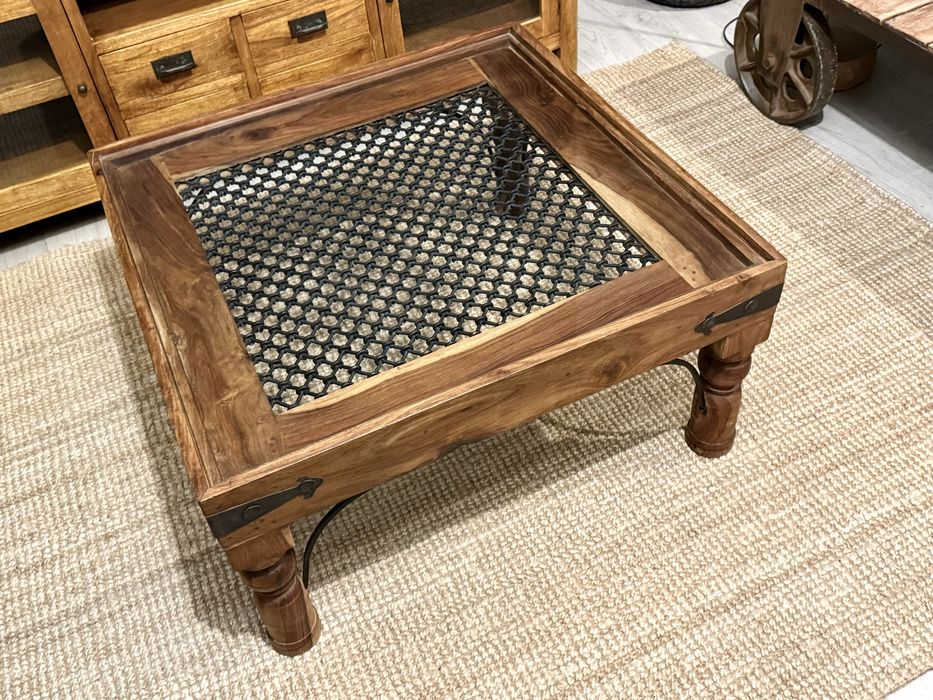 mesa centro apoio aparador teca ferro oriental indiana rustica