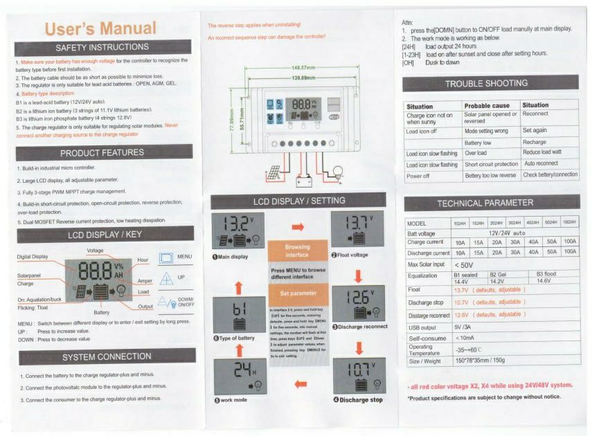 Контролер солнечных панелей Solar controller PWM 100А 12/24В