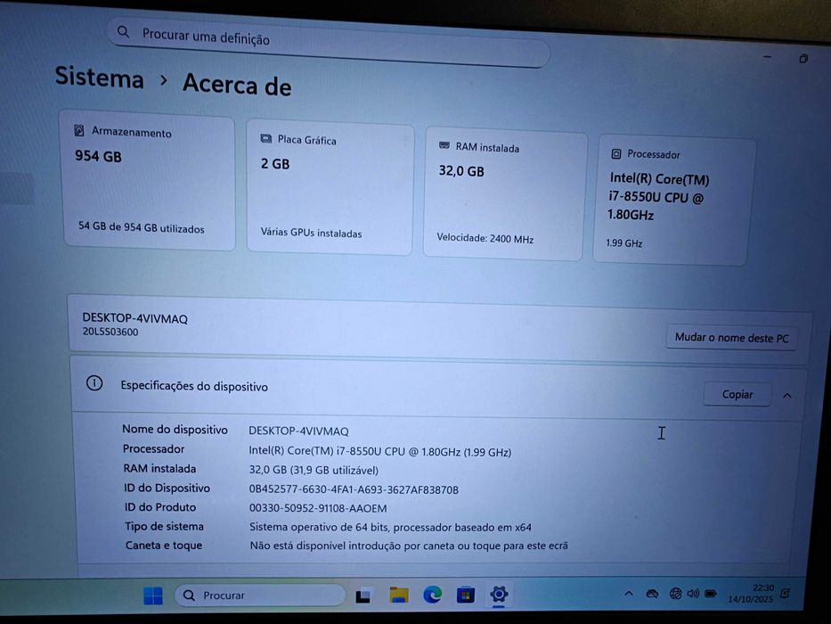 Portátil Lenovo T480  I7 - 32GB - 1TB SSD