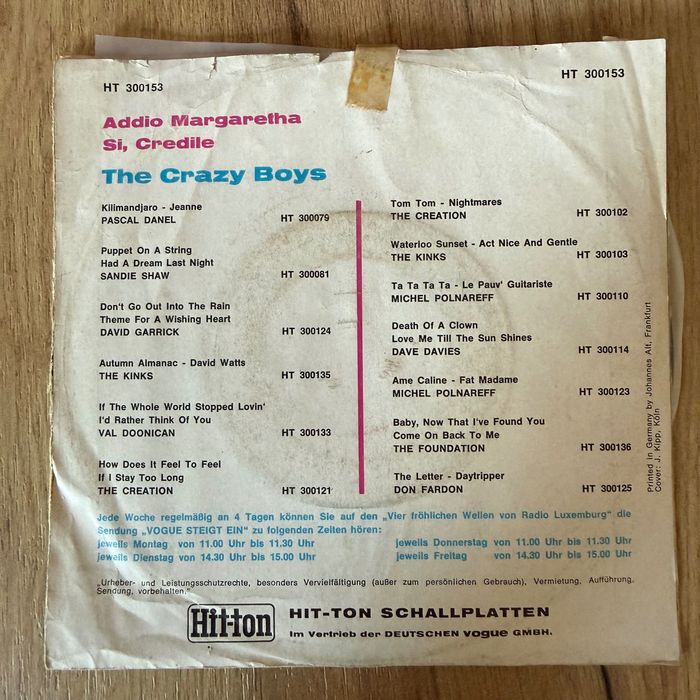 The Crazy Boys - Addio Margaretha / Si, Credile — Winyl Single Play 7" — 1966