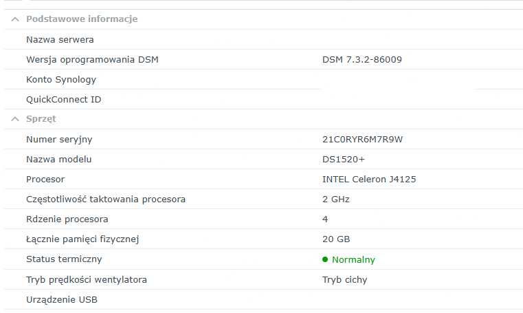serwer NAS SYNOLOGY DS1520+ 20gb RAM 5 bay [backup, docker, cctv]