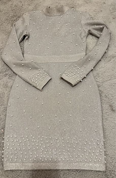 Sukienka exclusive butik pearls bandage dress srebrna perły bandaż