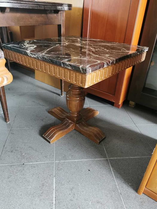 Stolik Kawowy kwadrat  półokrągły Brązowy Marmur antyk drewno stoliki