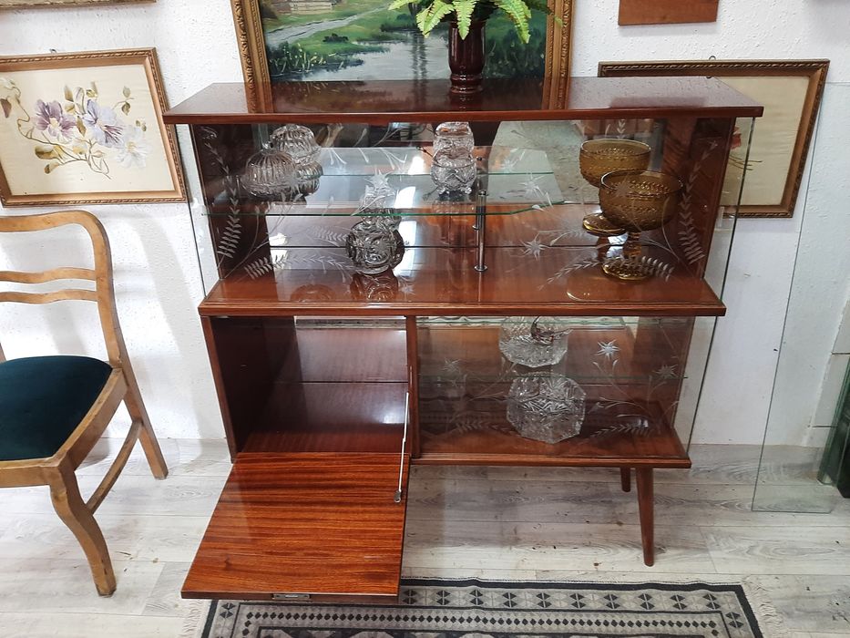 Komoda/Witryna vintage z grawerowanymi szybami | lata 50/60 | oryginał
