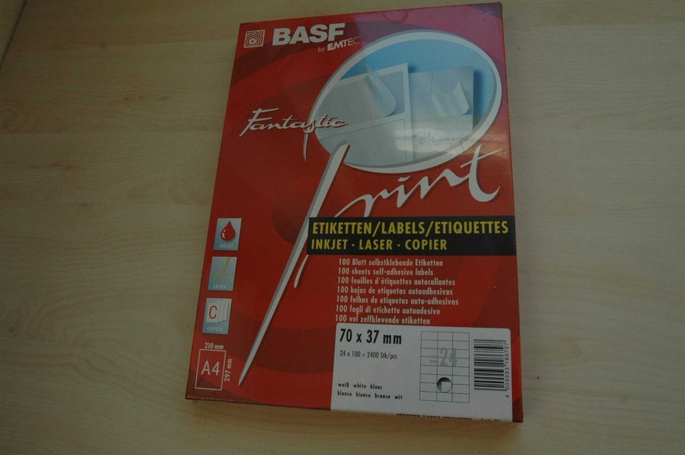 naklejki, etykiety samoprzylepne BASF 70 x37mm 100 arkuszy,  2400szt
