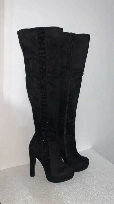 sexy czarne kozaki platforma diamenciki cyrkonie 38