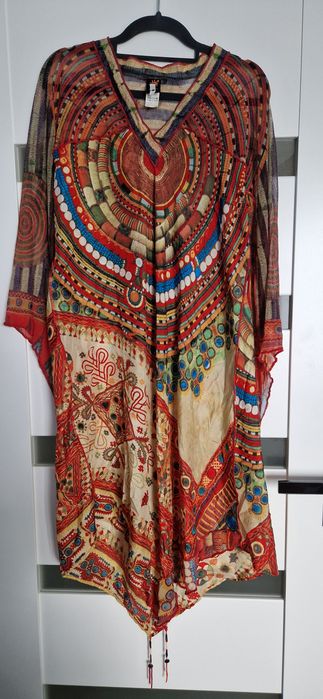 Unikat Sukienka Jean Paul Gaultier Vintage Boho Hippy Trompe L'Oeil z lat 90. z koralikami z jedwabiu