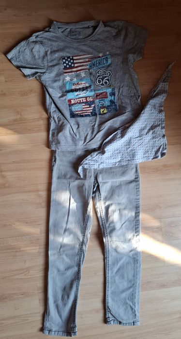 Komplet szare jeansy T-shirt chusta pepperts 134/140