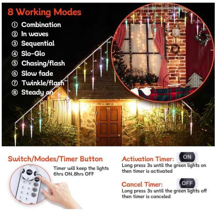 Lampki świąteczne wielokolorowe sople 10m, sterowanie pilotem 8 trybów