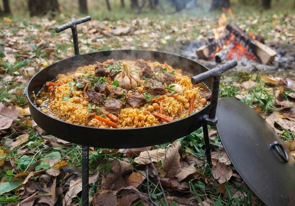 Комплект для костра сковорода из диска бороны с крышкой и ножками для плова мяса овощей