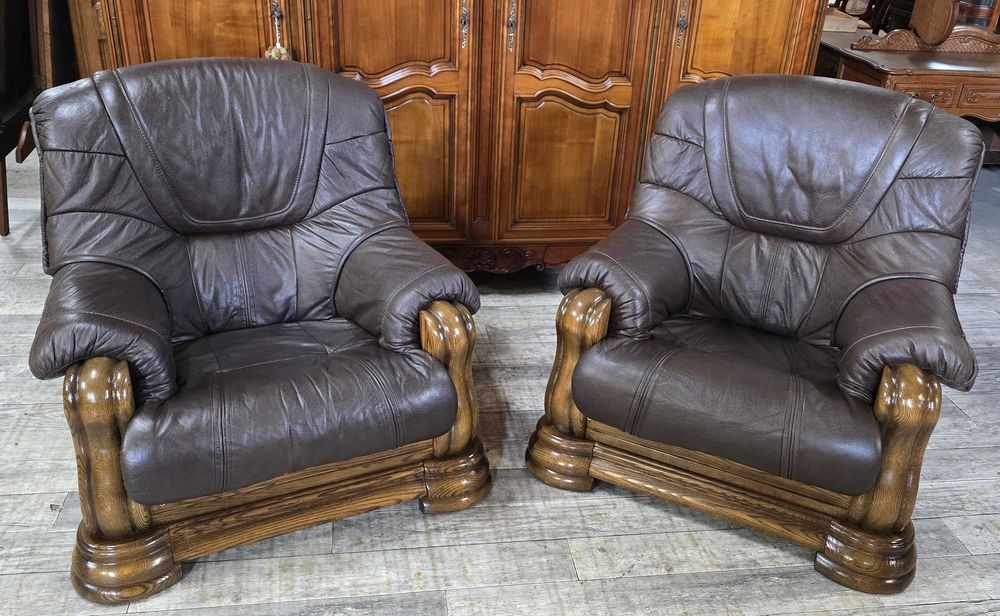 Dwa Skórzane Fotele Na Dębowym Stelażu / Skóra Naturalna / Brązowe /