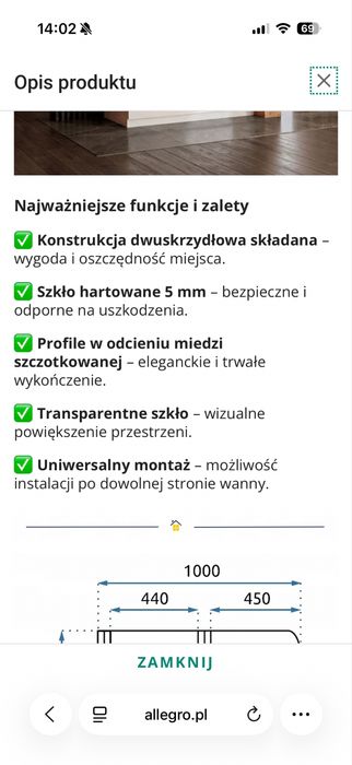 Parawan nawannowy miedź szczotkowana REA nowy